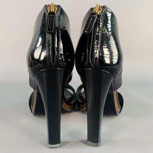 GUCCI Size 8.5 Black Gold Suede Patent Leather Ankle Sandals - Picture 3 of 11